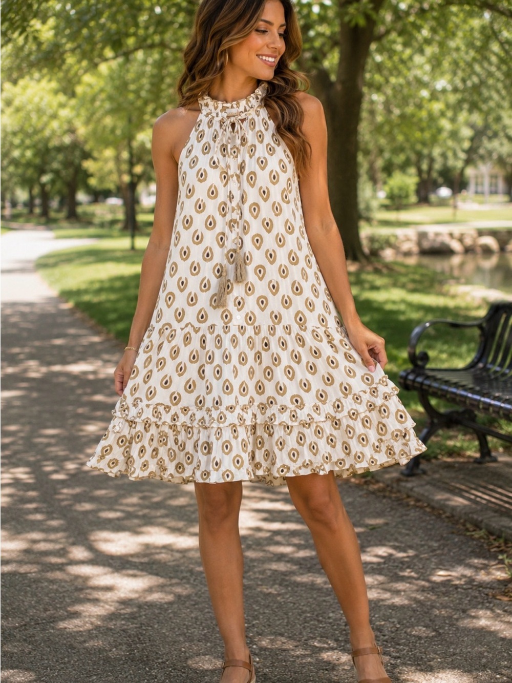 Skemo Cream Halter Tiered Mini Dress with Gold Print